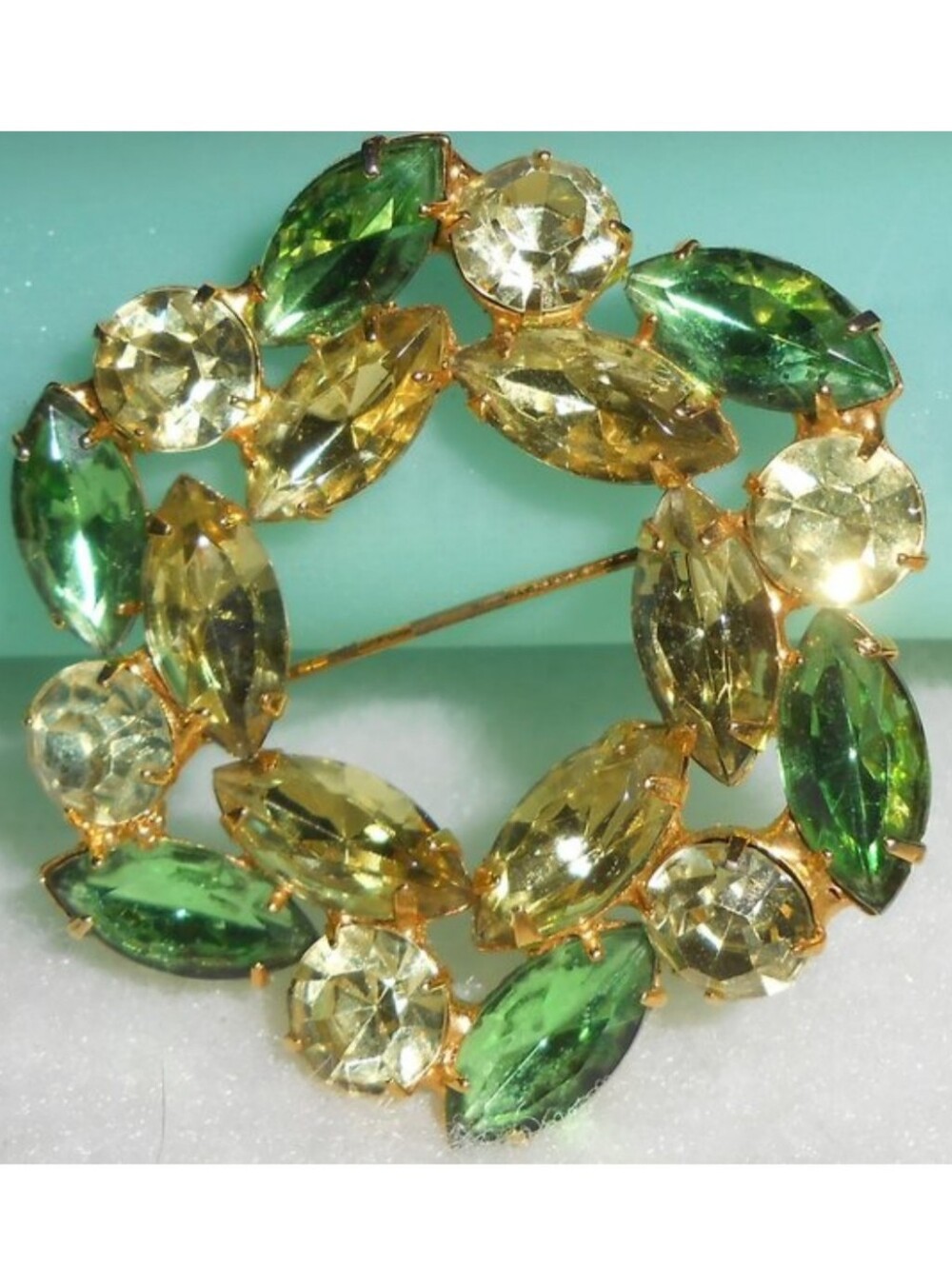 Green Rhinestone Gold Vintage Brooch